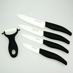 “Cheffort” Premium 9 Piece Ceramic Cutlery Knife and Peeler Set With Elegant Black Gift Box (6" Chef's , 5" Utility, 4" Paring, 3" Fruit Knife, with One Peeler) Black Handle and White Blade, 4 Sheaths Great Gift Idea