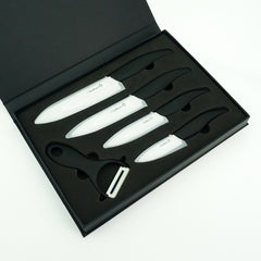 “Cheffort” Premium 9 Piece Ceramic Cutlery Knife and Peeler Set With Elegant Black Gift Box (6" Chef's , 5" Utility, 4" Paring, 3" Fruit Knife, with One Peeler) Black Handle and White Blade, 4 Sheaths Great Gift Idea