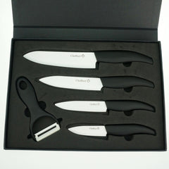“Cheffort” Premium 9 Piece Ceramic Cutlery Knife and Peeler Set With Elegant Black Gift Box (6" Chef's , 5" Utility, 4" Paring, 3" Fruit Knife, with One Peeler) Black Handle and White Blade, 4 Sheaths Great Gift Idea