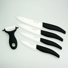 “Cheffort” Premium 9 Piece Ceramic Cutlery Knife and Peeler Set With Elegant Black Gift Box (6" Chef's , 5" Utility, 4" Paring, 3" Fruit Knife, with One Peeler) Black Handle and White Blade, 4 Sheaths Great Gift Idea